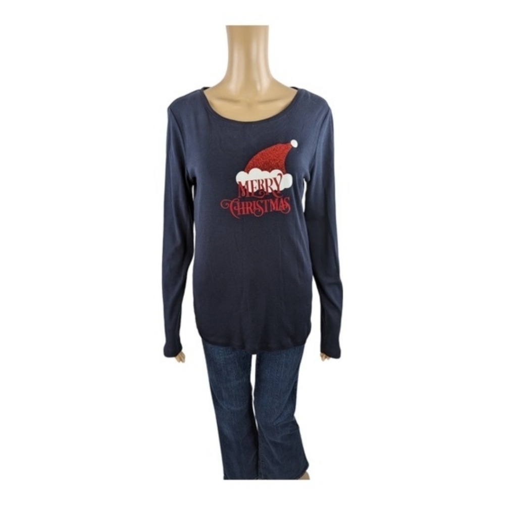 Stylus Navy Blue Merry Christmas Graphic Long Sleeve Shirt L